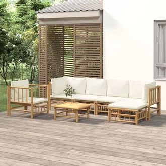 vidaXL Set De Muebles De Jard&iacute;n 7 Piezas Bamb&uacute; Y Cojines Blanco Crema Vidaxl