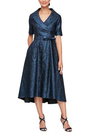 Alex Evenings Metallic Jacquard Portrait Collar Cocktail Midi Dress in Royal at Nordstrom, Size 14