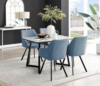 Furniturebox Carson White Marble Effect Dining Table & 4 Falun Black Leg Chairs in Blue