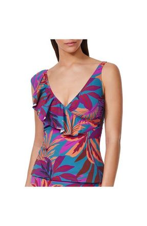 Gottex Plantopia Ruffle V Neck Surplice Tankini in Multi-Teal at Nordstrom, Size 12