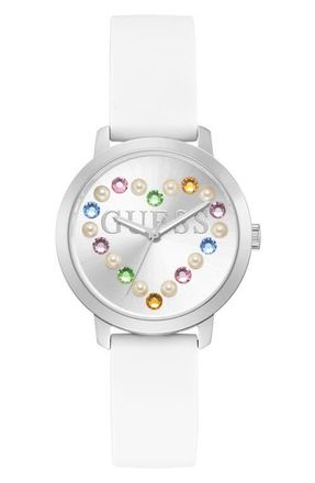 Guess Devotion Silicone Strap Watch, 36mm in Silver/white at Nordstrom