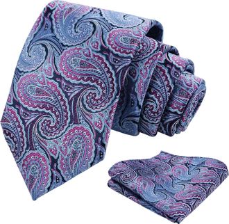 Alizeal Mens Paisley Jacquard Necktie and Pocket Square Classic Retro Business Casual Tie Set, Blue+Magenta