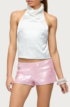 Edikted Cowl Neck Backless Satin Crop Top in Cream at Nordstrom, Size X-Small