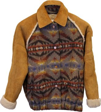 Sandro Johnson Jacquard Coat in Multicolor Wool & Sheepskin