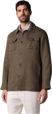 Brooks Brothers Linnen Utility Overshirt - Heren - Zomerjassen - Bruin - L - Linnen - Jassen