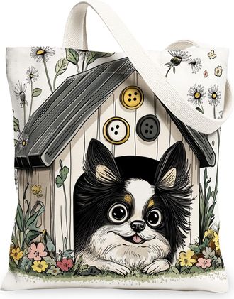 Generic Spring Japanese Chin Dog Canvas Tote Bag for Shopping 13x15, Fun Flower Puppy Kennel Reusable Grocery Print Pattern Bag for Women, Cute Pet Beach Aest