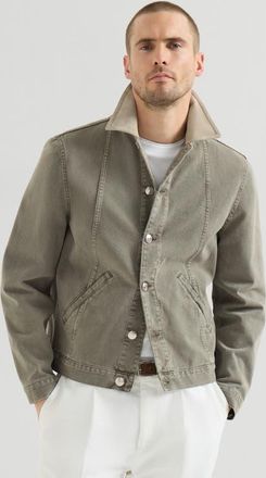 Brunello Cucinelli Garment-dyed outerwear jacket in denim with leather collar in Military at Nordstrom, Size 54