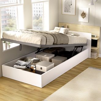 Dmora Cama Individual Montic, Con Almacenaje, Colch&oacute;n 90x190 Cm, Cabecero Librer&iacute;a, Almacenaje Tapizado En Tela, Blanco