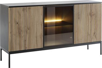 Vente-Unique Aparador 3 puertas con luces LED en MDF y vidrio ahumado - Negro y Natural - OVILA