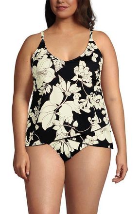 Lands End Plus Size DD-Cup Chlorine Resistant V-Neck Tulip Hem Tankini Swimsuit Top in Black/egret Lilies at Nordstrom, Size 1X