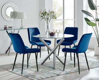 Furniturebox Selina Round Glass Chrome Leg Dining Table & Pesaro Black Leg Chairs in Navy | Size: 4 Person