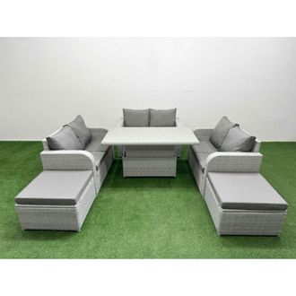 Fimous 8 Seater pe Wicker Rattan Furniture Sofa Sets with Adjustable Lifting Dining or Coffee Table 2 Seater Love Sofa 2 Big Footstool Side Table Light Grey