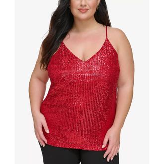 Calvin Klein V-Neck Sleeveless Sequin Camisole Top - Plus In Medium Red