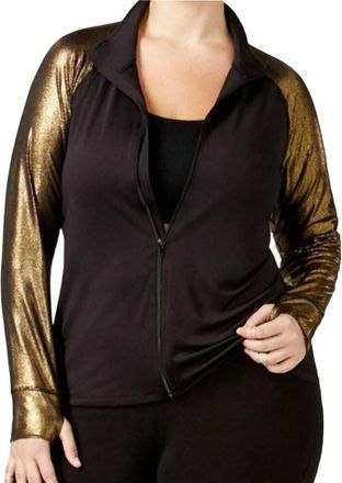 Material Girl Womens Active Plus Size Metallic Sleeve Jacket In Black/gold