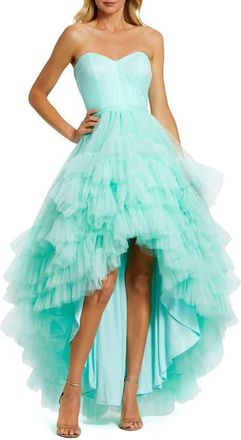 Mac Duggal Strapless Ruched Sweetheart Ruffle High Low Gown in Aqua at Nordstrom, Size 12