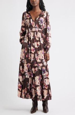 Treasure & Bond Smocked Cuff Long Sleeve Satin Maxi Dress in Brown Flower Wash at Nordstrom Rack, Size Xx-Small