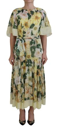 Dolce & Gabbana Womens Floralprint Silk Midi Dress - Yellow - Size EU 32 (Womens)