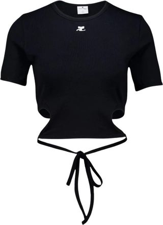 Courr&egrave;ges Ribbon Cut Out Contrast T-Shirt - Dames - T-shirts - Zwart - M - Katoen - Tops