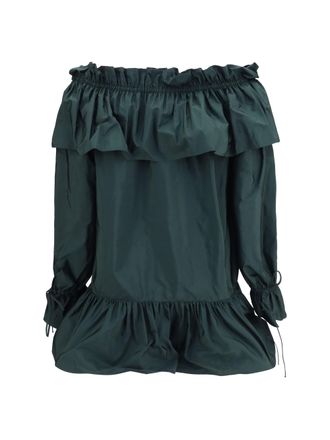 Saint Laurent Ruffled Off-Shoulder Nylon Poplin Dress - Green