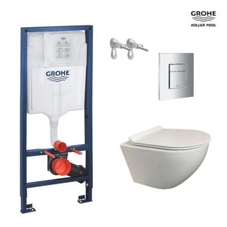 GROHE Bastidor Grohe Pack Cisterna Empotrada Y Pulsador Cromo Brillo Con Inodoro Suspendido Round Blanco 49 Tapa Fina