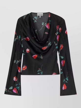 Ganni satin blouse cowl neck floral pattern
