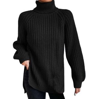 Generic Womans Jumper Autumn and Winter Fashion Solid Color Knit Sweater Medium Long Shoulder Sleeve High Lapel Split Sweater Pullover Sweater Deals Crop Swin