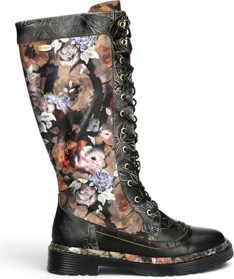 Laura Vita Womens Maroon Gothic Victorian Floral Black Leather Knee-High Lace-Up Boots - Incaso-50