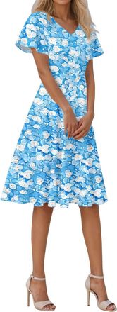 Generic Short Sleeve Midi Dress Womens Floral Summer Dresses A-line Beach Swing Dress Bohemian Sundresses Ladies V Neck Casual Midi Dresses High Waist Flowy M