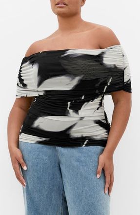 City Chic Dana Floral Off the Shoulder Mesh Top in Black Blur Floral at Nordstrom, Size Xxxs