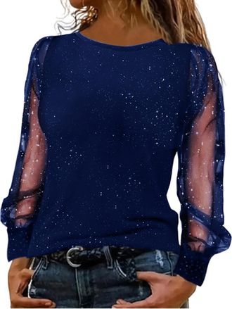 Generic Sequin Tops for Women UK Off Shoulder Long Mesh Sleeve Sparkly Sequined Blouse Top Elegant Womens Sequin Top Long Sleeve Round Neck Wrap Sparkly Party