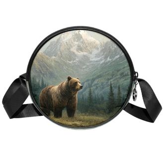 Generic Circle Crossbody Bag for Women, Magnificent Gray Bear Small Sling Bag Daypack with Zipper Adjustable Shoulder Straps Casual Ladies Girls Round Purse