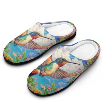 Generic Hummingbirds And Flowers In Spring Mens Slippers Slip On Comfortable Fleece Cotton House Shoes Winter
