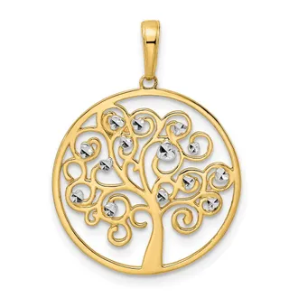 Diamond2Deal 14k Yellow Gold White Rhodium Diamond-cut Tree of Life Pendant