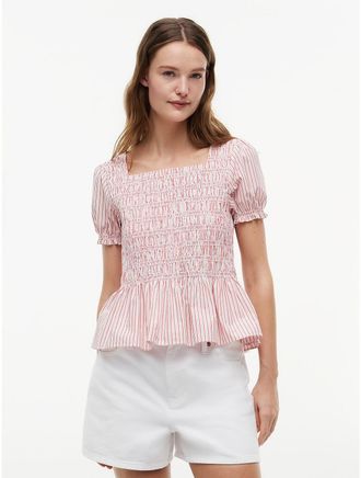 Tommy Hilfiger Womens Striped Shirred Poplin Top - Pink - XL