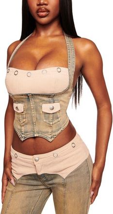 I.AM.GIA Tommie Mixed Media Halter Corset Top in Antique Denim at Nordstrom, Size Xx-Small