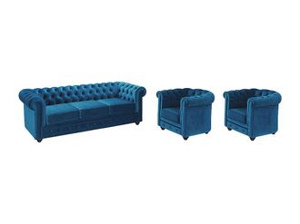 Vente-Unique Sof&aacute; 3 plazas y 2 sillones de terciopelo CHESTERFIELD - verde azulado