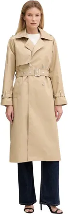 DKNY Dkny, Jassen, Dames, Beige, XL, Katoen, Lange Double-Breasted Trenchcoat met Riem