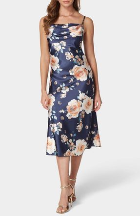 Bebe Printed Satin Bias Midi Dress in Navy/Cream at Nordstrom Rack, Size X-Large