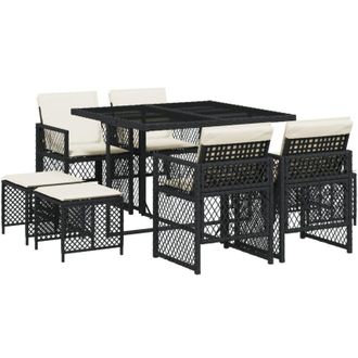 vidaXL Set De Comedor De Jard&iacute;n 9 Pzas Y Cojines Rat&aacute;n Sint&eacute;tico Negro Vidaxl