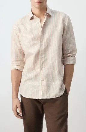 Mango Stripe Linen Blend Button-Up Shirt in Orange at Nordstrom, Size Medium