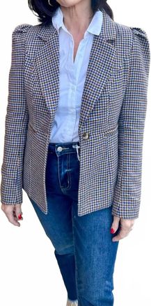 Merci Cabane Puff Sleeve Blazer In Brown Cobalt Blue