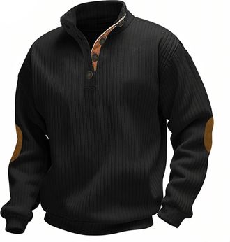 Generic Mens Sweater with Elbow Patches, Mens Cable Knit Pullover Sweater Casual Long Sleeve Stand Collar Button Sweaters (Black-A,XL)