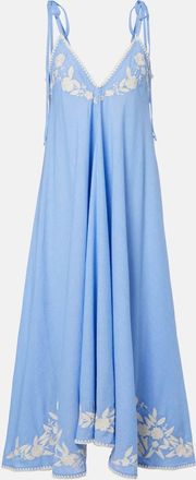 Juliet Dunn Embroidered cotton and linen chambray midi dress