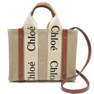 Chlo&eacute; Brown White Linen Leather Tote Bag (Pre-Owned)