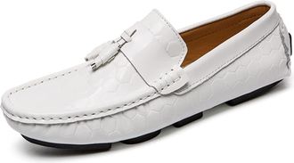 Generic Mens Mens Loafers Shoes Genuine Leather Round Toe Tassel Patent Leather Hexagon Embossed Anti-Slip Flat Heel Slip Resistant Lightweight Comfortable(Wh