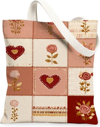 Generic Floral Canvas Tote Bags, Heart Pattern Reusable Grocery Bags, Vintage Lightweight Washable Shoulder Strap Canvas for Travel, Peach, 13x15 Inch