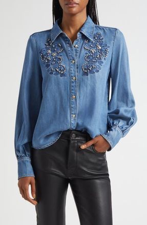 Cinq à Sept Rhinestone Detail Denim Button-Up Shirt in Ciel at Nordstrom, Size X-Small