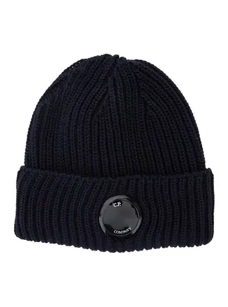 C.P. Company Blue Knit Beanie With Logo Plaque On The Front In Wool Man
