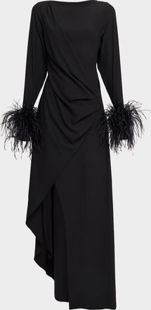 Sally Lapointe Asymmetric Draped Stretch Crepe Maxi Dress With Feather Cuffs