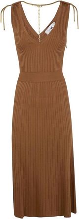 Elisabetta Franchi Geribde gebreide jurk met V-hals en kettingdetail - Dames - Casual kleedjes - Bruin - S - Kleedjes
